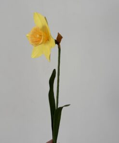 Narciso de papel amarillo con centro naranja sostenido en la mano